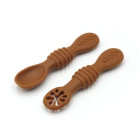 Baby Eating Training Set Toddler Feeding Silicone Sticky Spoon Fork (Color: Brown)