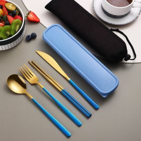 304 Dinnerware Set Flatware Kitchen Accessories Camping Travel Sets Gold Knife Fork Spoon Portable Cutlery Sets With Case (Option: Golden Blue)