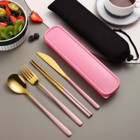 304 Dinnerware Set Flatware Kitchen Accessories Camping Travel Sets Gold Knife Fork Spoon Portable Cutlery Sets With Case (Option: Golden pink)