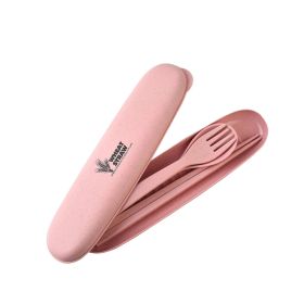 Wheat Straw Three-piece Portable Wheat Tableware Set (Color: Pink)