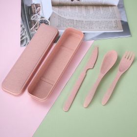 Wheat Straw Portable Cutlery Box Set (Color: Pink)