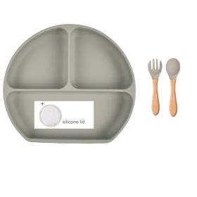 Baby Food Supplement Spoon Integrated Silicone Dinner Plate Set (Option: Dark Grey-Set)