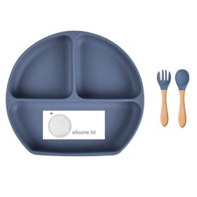 Baby Food Supplement Spoon Integrated Silicone Dinner Plate Set (Option: Dark Blue-Set)