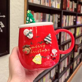 Ceramic Creative Home Coffee Cup With Lid Spoon (Option: Red-Christmas 3D stickers)