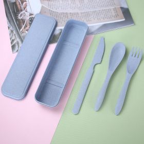 Wheat Straw Portable Cutlery Box Set (Color: Blue)