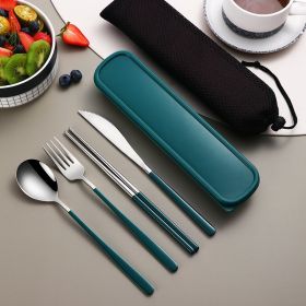 304 Dinnerware Set Flatware Kitchen Accessories Camping Travel Sets Gold Knife Fork Spoon Portable Cutlery Sets With Case (Option: Silver dark green)