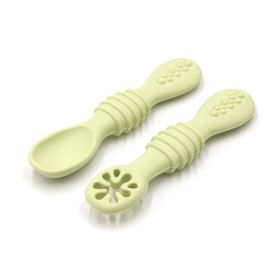 Baby Eating Training Set Toddler Feeding Silicone Sticky Spoon Fork (Color: Green)