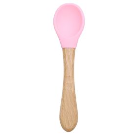 Silicone Wooden Spoon Training Feeding Tableware (Color: Pink)