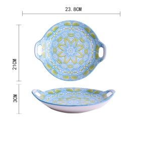 Bakeware Ceramic Cheese Baked Rice Plate Fruit Plate (Option: Light blue green leaves)