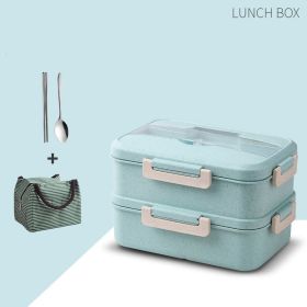 Portable Compartment Microwave Oven Heated Lunch Box (Option: Green-With tableware and meal bag)