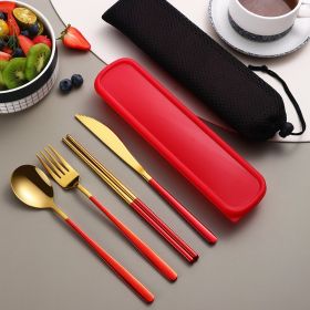 304 Dinnerware Set Flatware Kitchen Accessories Camping Travel Sets Gold Knife Fork Spoon Portable Cutlery Sets With Case (Option: Golden red)