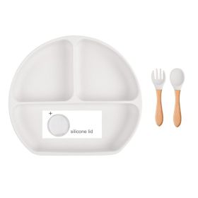 Baby Food Supplement Spoon Integrated Silicone Dinner Plate Set (Option: White gray-Set)