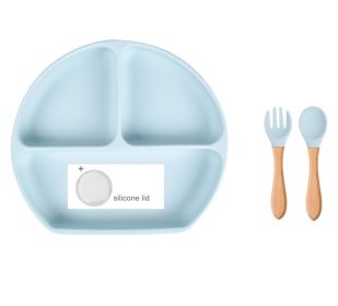 Baby Food Supplement Spoon Integrated Silicone Dinner Plate Set (Option: Sky Blue-Set)