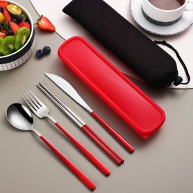 304 Dinnerware Set Flatware Kitchen Accessories Camping Travel Sets Gold Knife Fork Spoon Portable Cutlery Sets With Case (Option: Silver red)