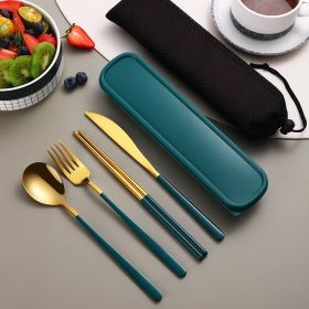 304 Dinnerware Set Flatware Kitchen Accessories Camping Travel Sets Gold Knife Fork Spoon Portable Cutlery Sets With Case (Option: Gold dark green)