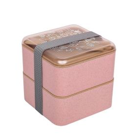 Double-layer Square Wheat Straw Lunch Box Japanese Tableware (Option: Pink-1.4L)