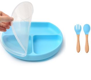 Baby Food Supplement Spoon Integrated Silicone Dinner Plate Set (Option: Blue-Set)